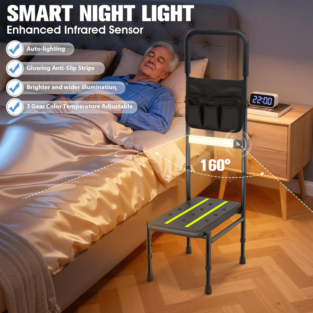 Upgraded Step Stool with Handle for Elderly Adults, Sturdy Bedside Step Stool for High Beds, Handle Step Stools with Sensor Light & Storage Bag,Heavy Duty 650lbs Bed Steps with Adjustable Handle & Leg