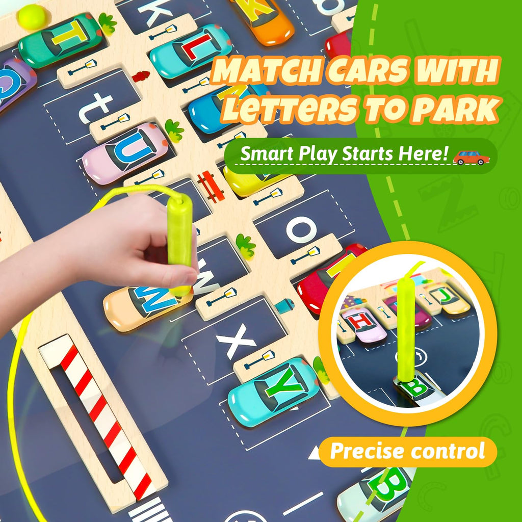 Magnetic Alphabet Maze Letter Puzzle Board, NOWRICH Montessori Toys for 2 3 4 5 Years Old Boys Girls, Magnet Alphabet Learning Car Parking Maze Toys for Kids 3-5, Birthday Gifts for Toddler