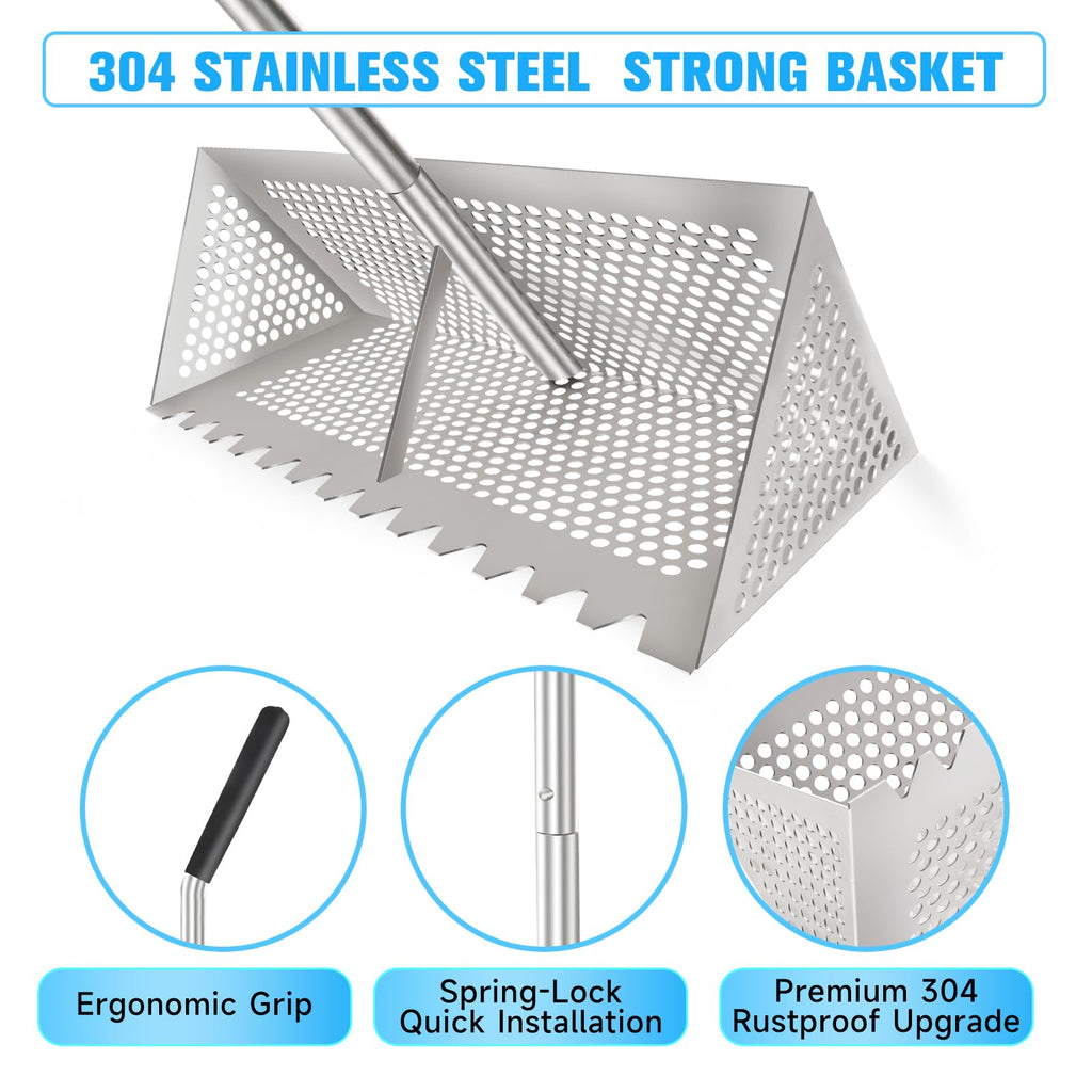 Sand flea rake - 304 Stainless Steel Pro 15.8 Inches Wide Basket Sand Sifter , Curved Handle Design Collapsible Sand Fleas Catcher for Travelling