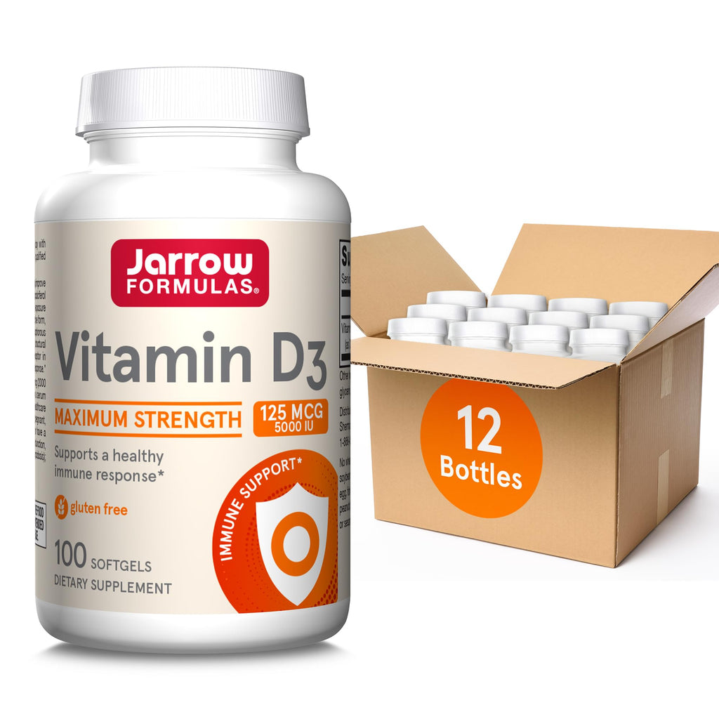 Jarrow Formulas Vitamin D3 125 mcg (5000 IU) - 100 Servings (Softgels) - Bone Health, Immune Support & Calcium Metabolism Support - Vitamin D Supplement - D3 Vitamins - 5000 IU Vitamin D (Pack of 12)
