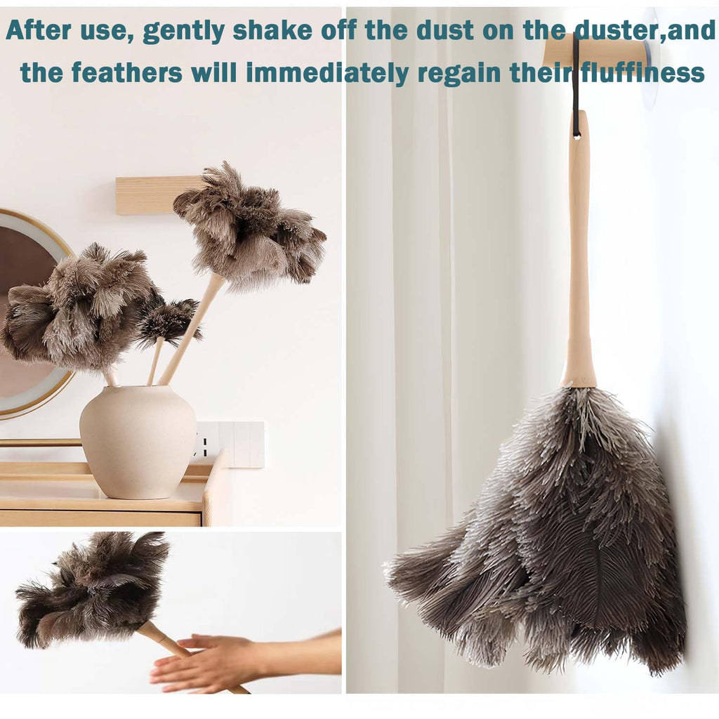 Ostrich Feather Duster for Cleaning-Furniture Dusters with Handle Ddzmz Hand Duster with Fluffy Natural Genuine Feather Reusable Household Duster, Gray and Brown(Length 16")