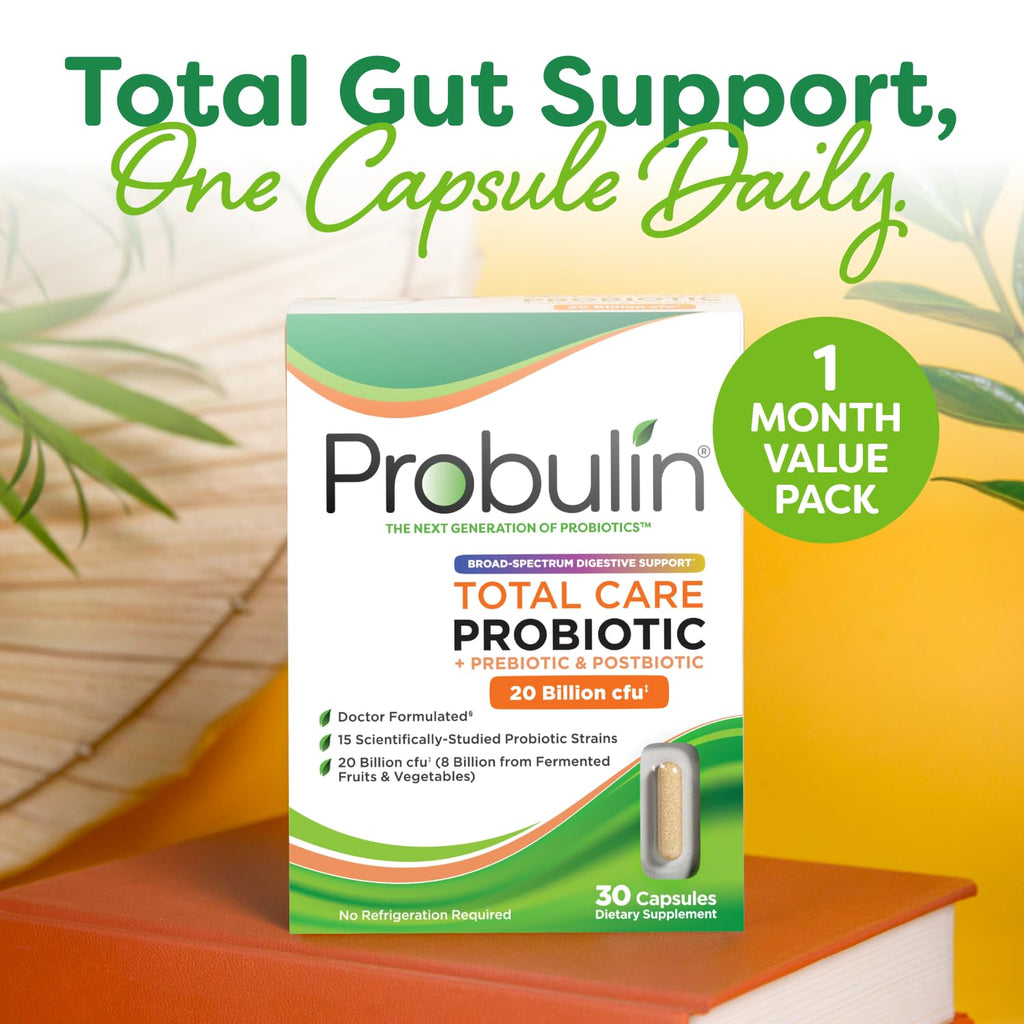 Probulin Total Care Probiotic Supplement, Daily Gut, Digestive, and Immune Health Probiotics Capsules for Men and Women, 20 Billion CFU, Vegan, 30 Count Box