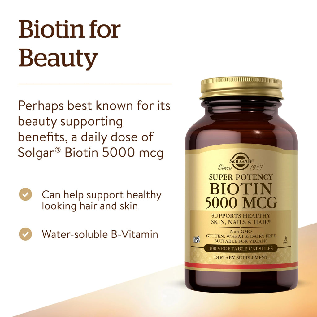 Solgar Biotin 5000 mcg,100 Veg Caps-Promote Healthy Skin,Nails&Hair-Supports Energy Production,Protein,Carbohydrate&Fat Metabolism-Vitamin B-Non GMO,Vegan,Gluten Free-100 Servings,(Pack of 2)