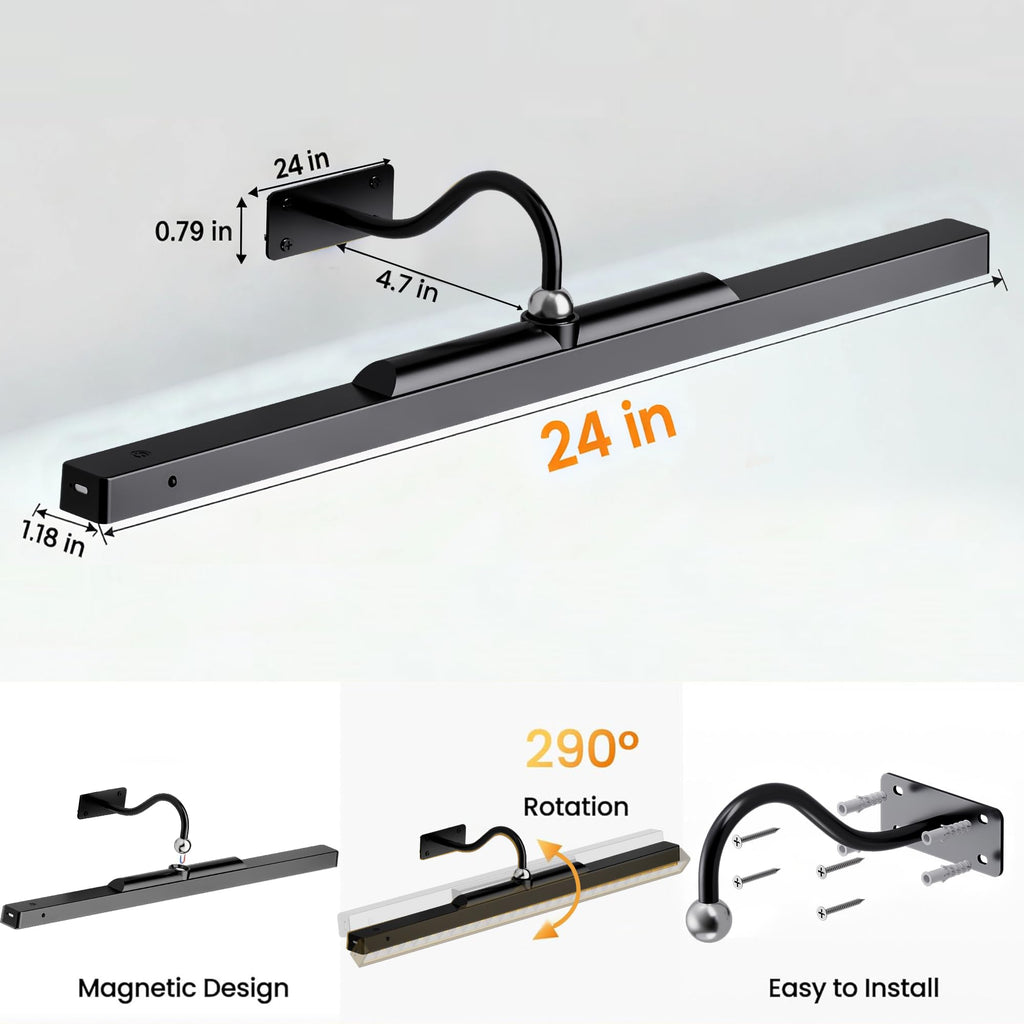 Craftersmark 24 Inch Picture Light - Black 6000mAh Battery Operated Wireless Wall Sconce with Remote & Timer for Paintings, Gallery, Mirror & Artwork