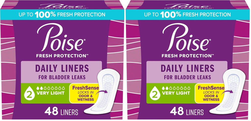 Poise Panty Liners, Very Light Absorbency, 48 Count, Pack of 2 | 2 Drop | Regular Size | For Incontinence