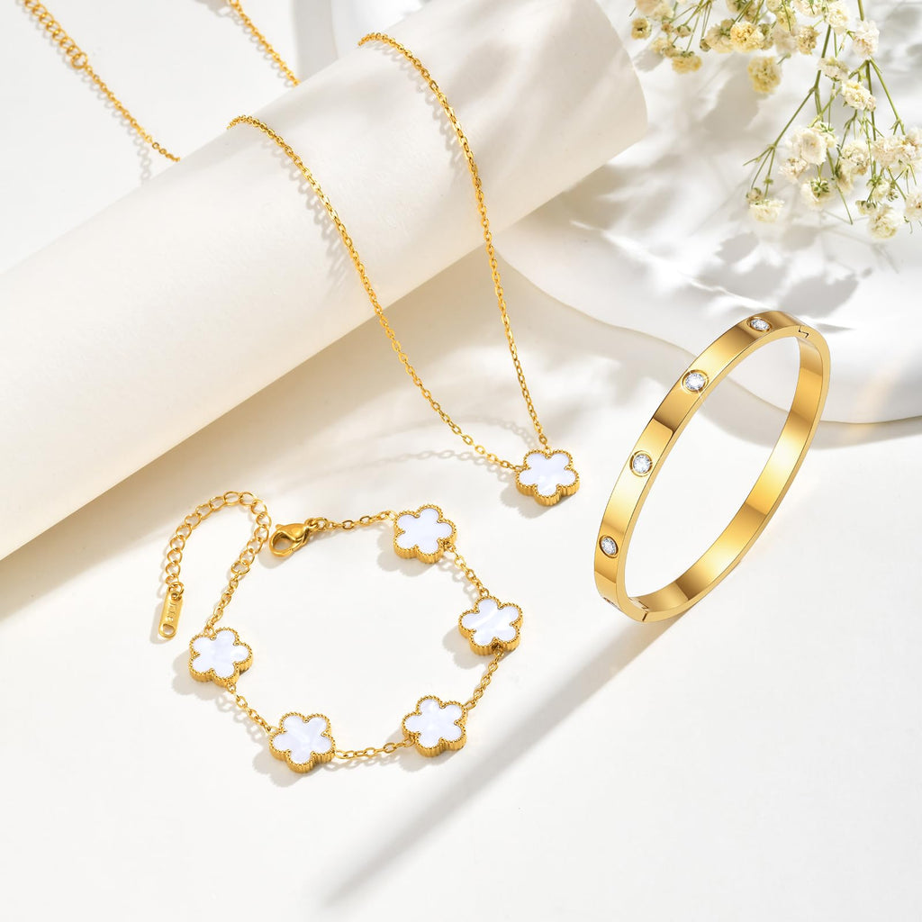 Gold Bracelets Necklace Jewelry Set - 3Pcs 18K Gold Plated Floral Bracelet,Waterproof Stainless Steel Bangles, Non-Tarnish Necklaces Daily Fashion Minimalist Jewelry,Valentines Birthday Gift for Women