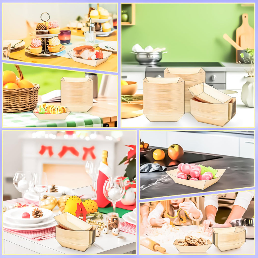 MotBach 200 Pack Wood Grain 1/2Lb Paper Food Boat Trays Disposable Small Paper Boats Plates Containers, 0.5Lb Mini Kraft Food Serving Tray Boat Basket Bowl for Snack Fries Dessert Popcorn Taco Nacho