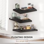 fuqing Corner Floating Shelves for Storage, Set of 3, Solid Wood, Wall Mount Wooden Display Shelf for Bathroom Bedroom Kitchen Garage, Black