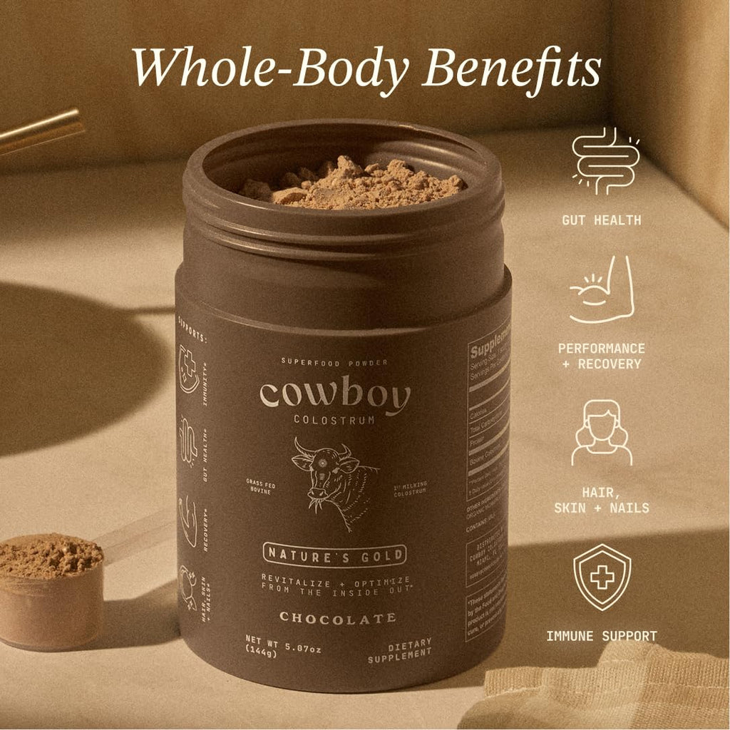Cowboy - The Exclusive 1st Milking, Whole, Grass Fed Colostrum Supplement for Full Body Health - Bovine Colostrum Powder Packed w/Bioactive Nutrients - Sugar Free (Chocolate, 40 Servings)