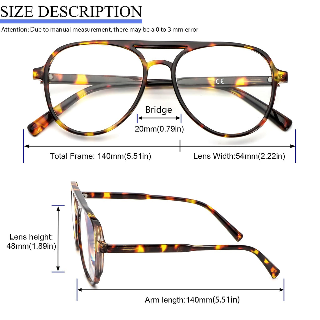MMOWW 4 Pack Oversized Aviator Reading Glasses for Women Men Retro Double Bridge Pilot Style Blue Light Blocking Computer Readers, Black/Tortoise/Grey Tortoise/Transparent +1.5