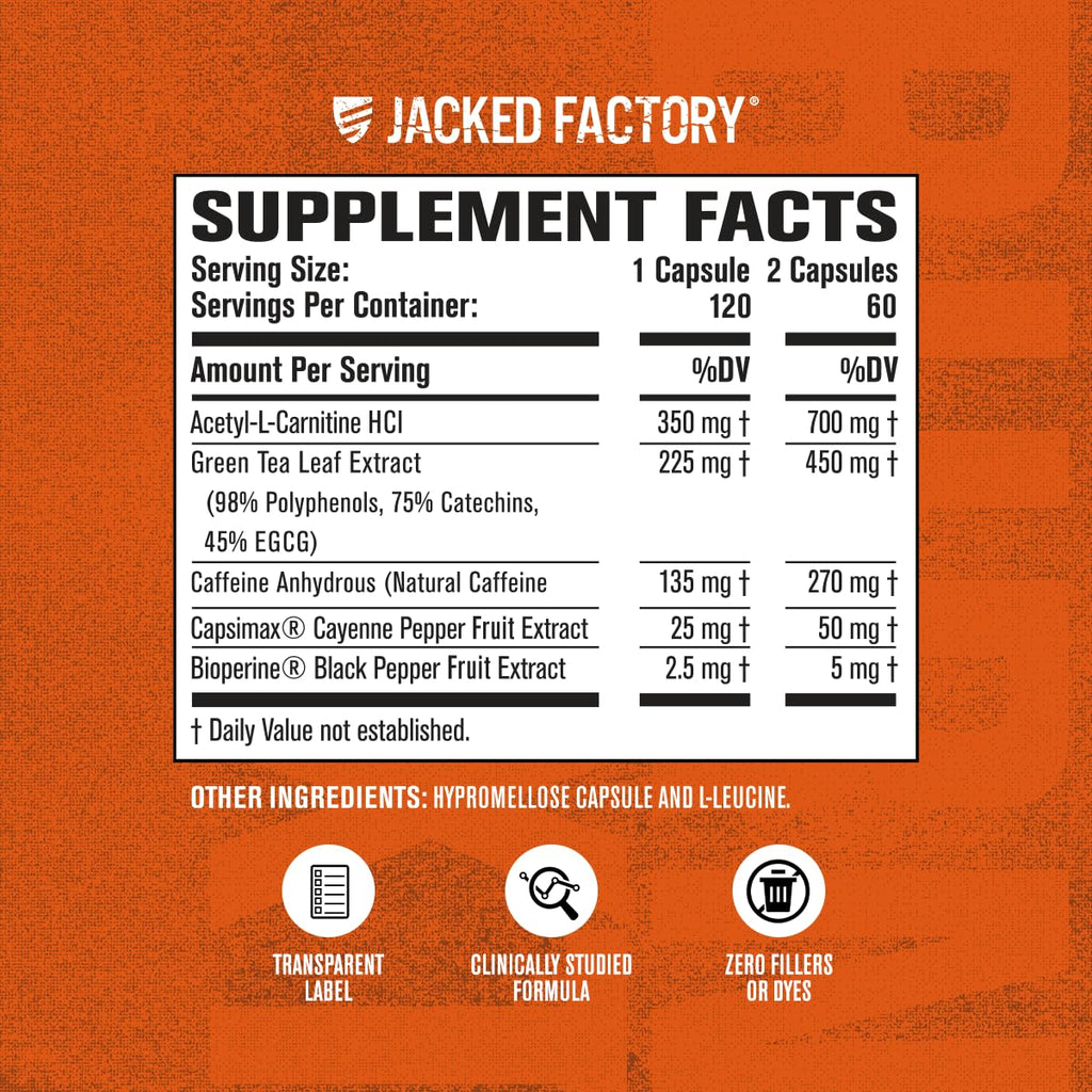 Jacked Factory Burn-XT Clinically Studied Fat Burner & Weight Loss Supplement - Appetite Suppressant & Energy Booster - with Acetyl L-Carnitine, Green Tea Extract and More - 120 Natural Diet Pills