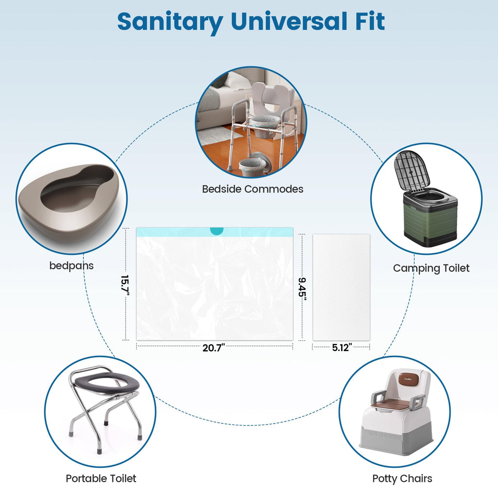 HOMLAND Commode Liners with Absorbent Pads, 100 Disposable Commode Bags and 100 Commode Pads, Leak-Proof Portable Toilet Bags Universal Fit for Potty Chair Bucket, Bedpan & Camping Toilet