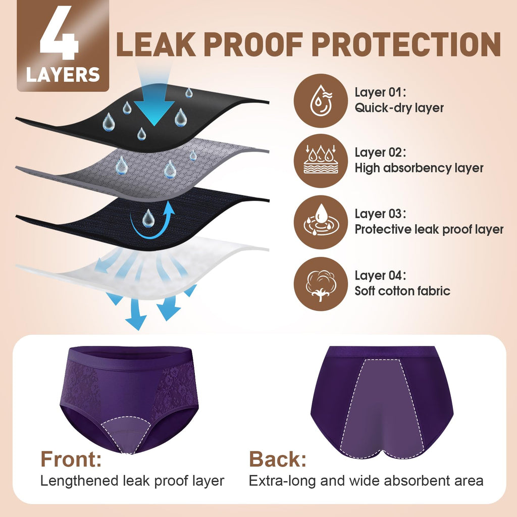 TUXIYA Incontinence Underwear for Women, Leak Proof Underwear for Women Washable & Reusable for Leakage Protective Panties(XL, Pack of 6)