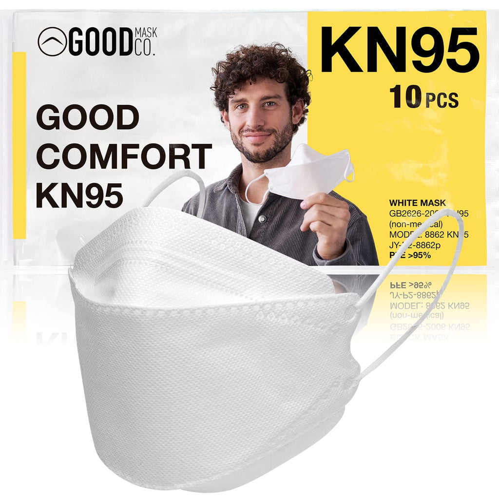 Good Mask Co. Good Comfort KN95 Face Mask, Disposable KN95 Face Mask, Folding, Filter Efficiency =95%, Comfortable Face Masks, Bulk Face Masks (10 Pack of Masks, White)