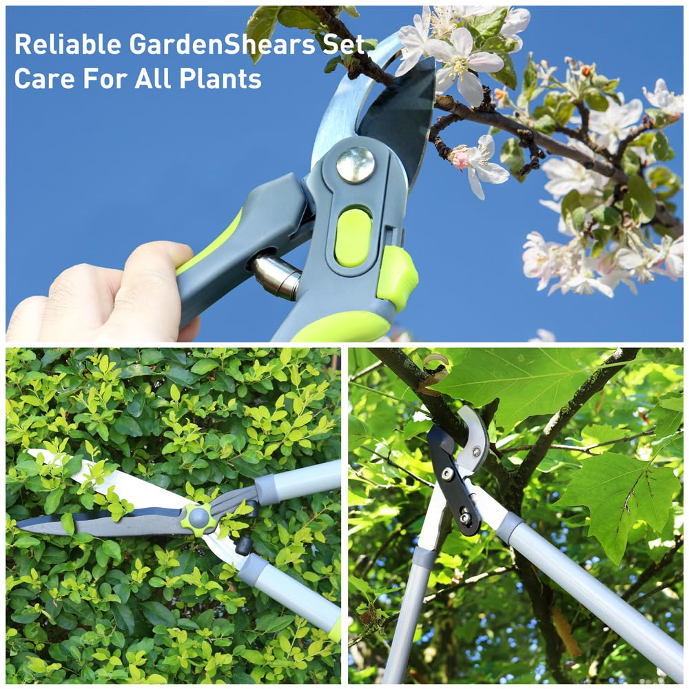 Altdorff Garden Loppers Pruning Shears, Updated 3PCS Hedge Clippers Combo Set, Branch Cutter with Compound Action, Chops Thick High Branch Ease, Professional Tree Trimmer Set Heavy Duty