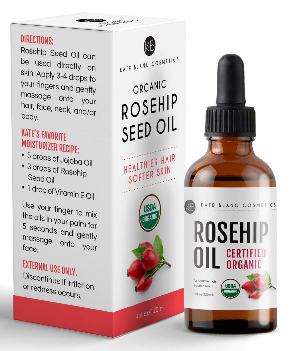 Kate Blanc Cosmetics Rosehip Oil for Face & Skin (4oz, Organic, Pure, Cold Pressed) Rosehip Seed Face Oil for Facial & Gua Sha Massage