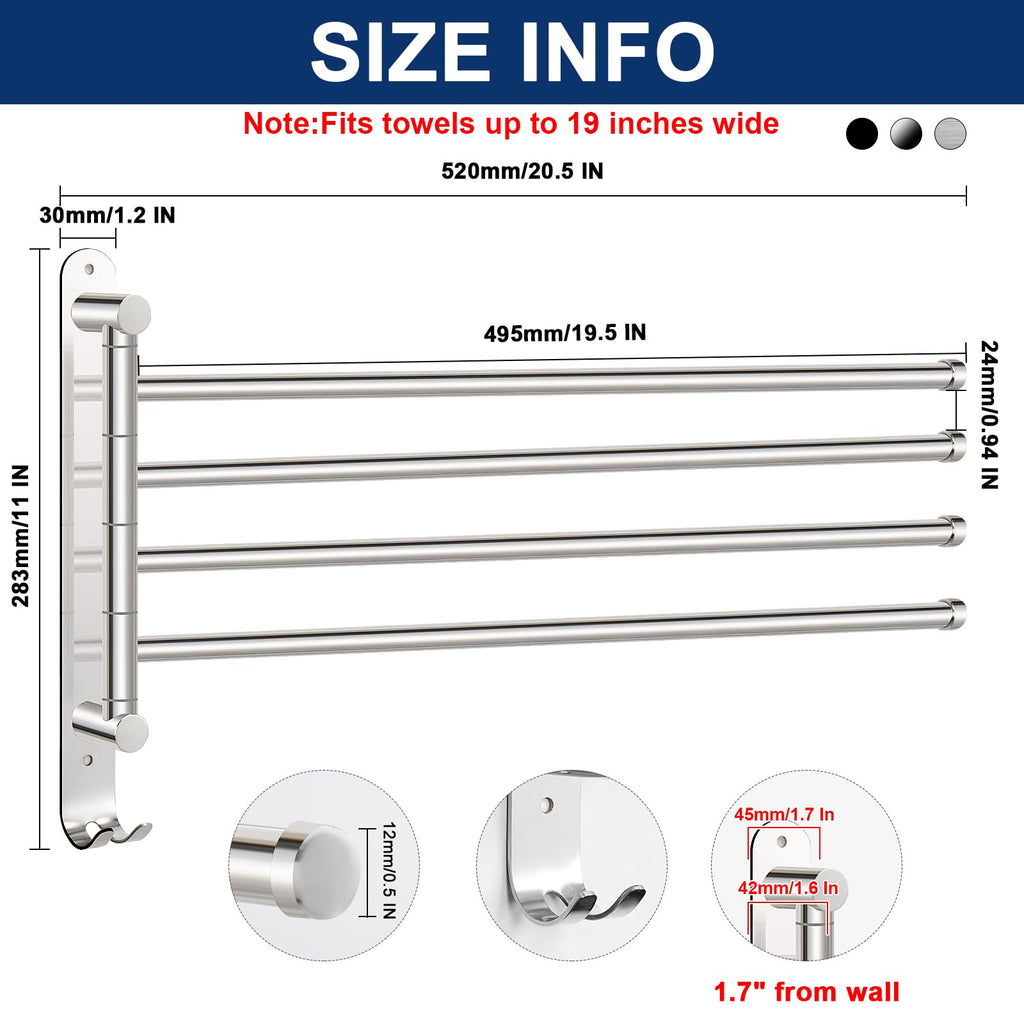 NearMoon Swivel Towel Rack, 19.5" Thicken 304 Stainless Steel 4-Arm Towel Bar, Space Saving Wall Mounted Towel Holder with Hook, Rustproof Swing Out Towel Hanger for Bathroom, Kitchen (Chrome Finish)