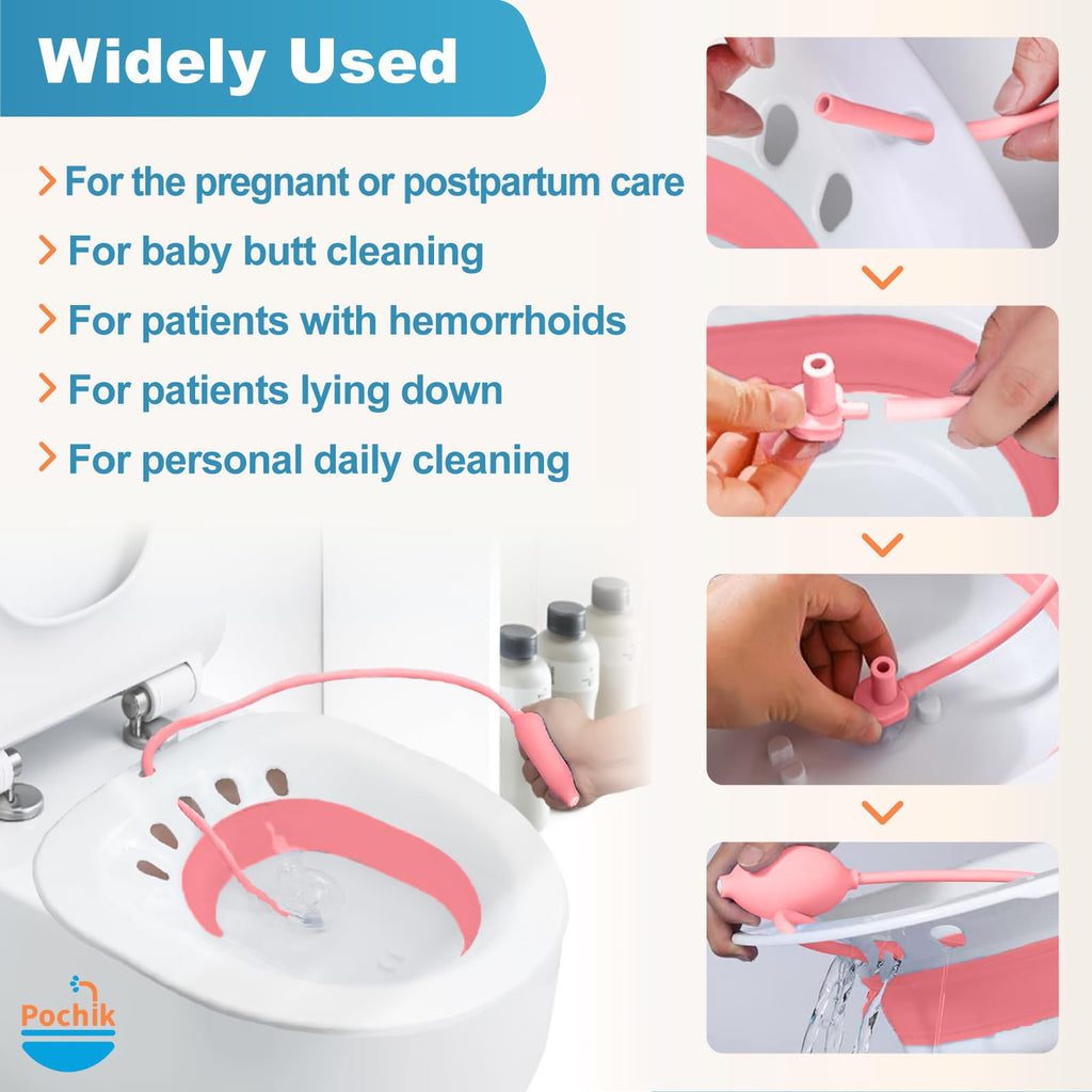 Pochik Sitz Bath for Toilet Seat Hemorrhoids and Postpartum Care, Yoni Steam Seat, Perineal Soaking, Collapsible, Flusher Hose, Drain Holes, Wider Seating Area - Magenta