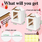 GODCDKC Cake Boxes - 2 Pack Tall Cake Box 12x12x14 Inch Disposable Layer Carrier with Window Large Tierd Cake Out Transport Containers with Handle for Wedding, Birthday, Party (White)