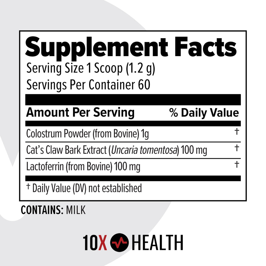 10X Health Bovine Colostrum Powder - Organic Colostrum Supplement Powder with Cat’s Claw Extract and Lactoferrin - Easy-Mix, Unflavored for Immunity & Gut Support - 60 Servings