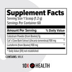 10X Health Bovine Colostrum Powder - Organic Colostrum Supplement Powder with Cat’s Claw Extract and Lactoferrin - Easy-Mix, Unflavored for Immunity & Gut Support - 60 Servings