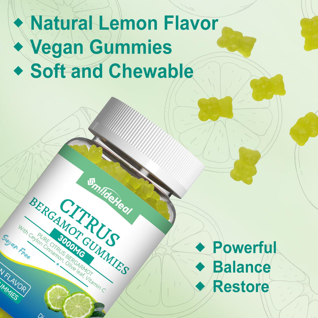 SmildeHeal Citrus Bergamot Gummies 3000mg, Bergamot Supplement for High Cholesterol, Cholesterol Lowering Supplement for Heart, Immune System & Anti-Aging, Sugar Free Vegan 120 Gummies