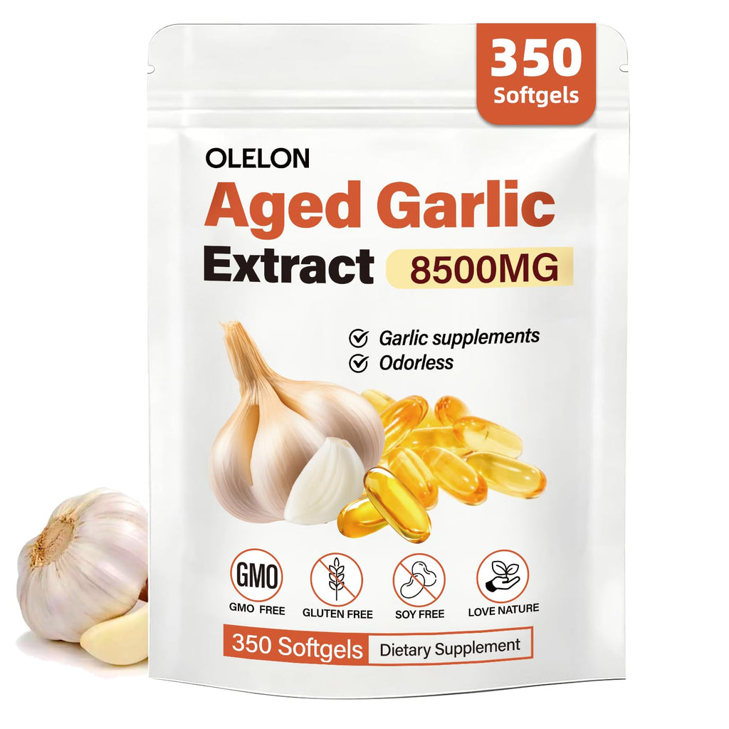 OLELON Aged Garlic Extract 350 Softgels - 8500mg High Potency, Odorless, Non-GMO & Organic Garlic Supplement for Heart Health, Immune Support & Antioxidant Benefits