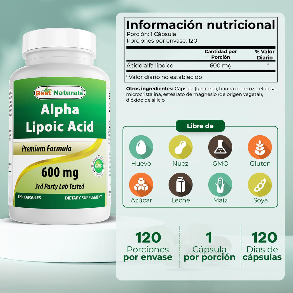 Best Naturals Alpha Liopic Acid 600 mg 120 Count - ALA Alpha Lipoic Acid Powerful Antioxidant
