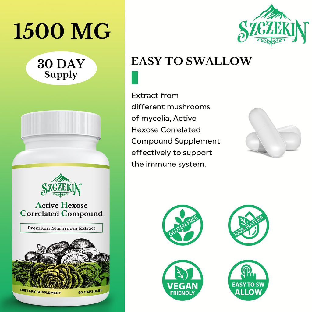 SZCZEKIN Active Hexose Correlated Compound 1500 mg Supplement, Natural 8 Mushroom Extract Supplement, Immune System, Liver Function, Natural Killer and T Cells Activity, 180 Veggie Capsules