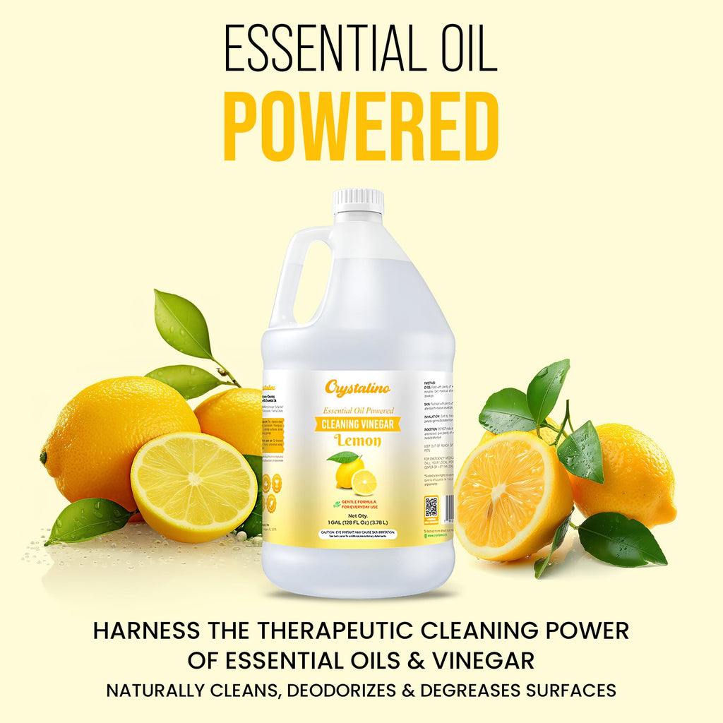 Crystalino Lemon Essential Oil Cleaning Vinegar (1 Gallon) 6% Non-Toxic Distilled White, Vinegar for Cleaning Purpose, Vinagre Blanco, Vinger (128 Fl Oz (Pack of 1), Lemon)