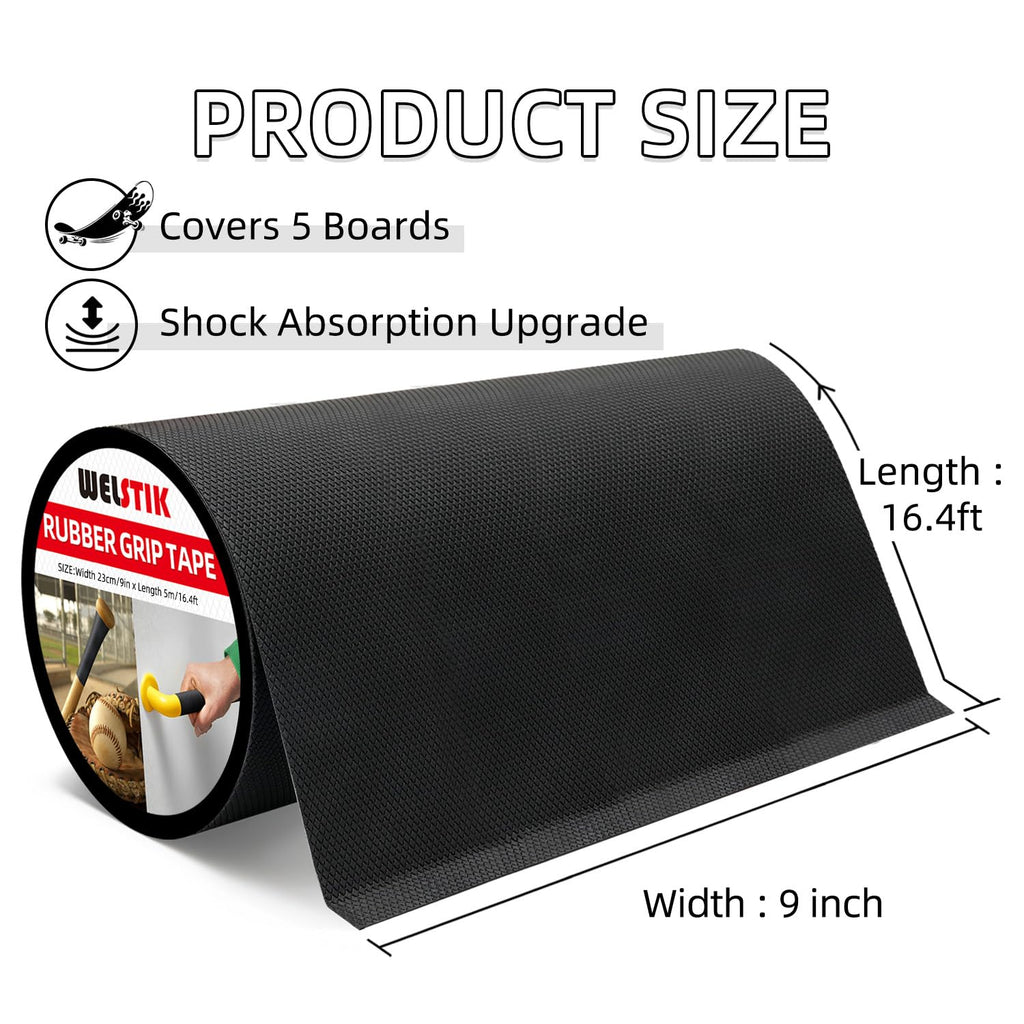 WELSTIK 9" x 16.4FT Rubber Skateboard Grip Tape - Extra Wide Anti-Slip Traction Sheet, Non-Abrasive Waterproof Grip Tape for Skateboard Decks, Scooters, Tool Handles, and Stairs - Black