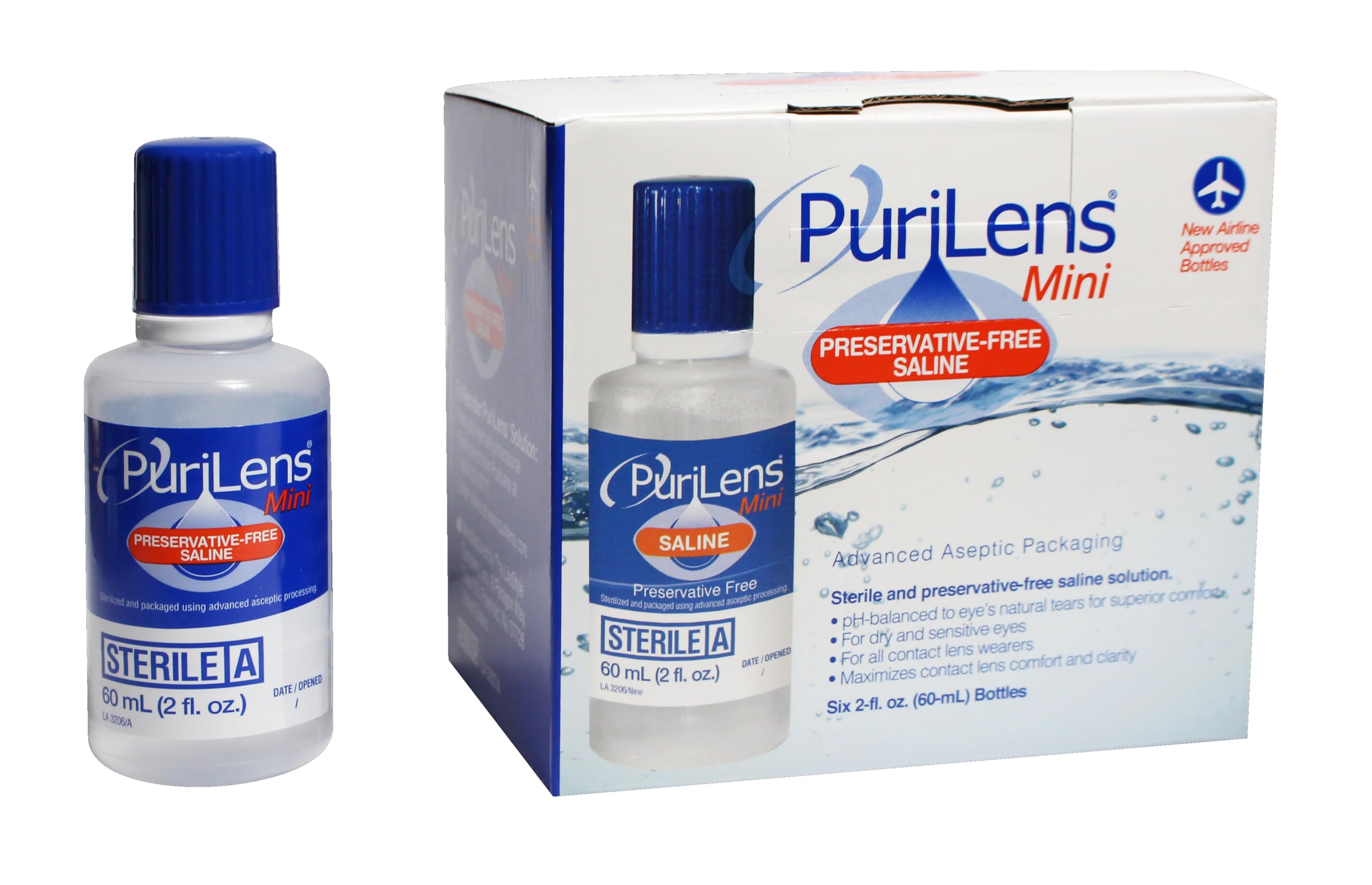 Purilens Mini Preservative-Free Contact Lens Saline 60ml (2 fl. oz.) 6 Pack