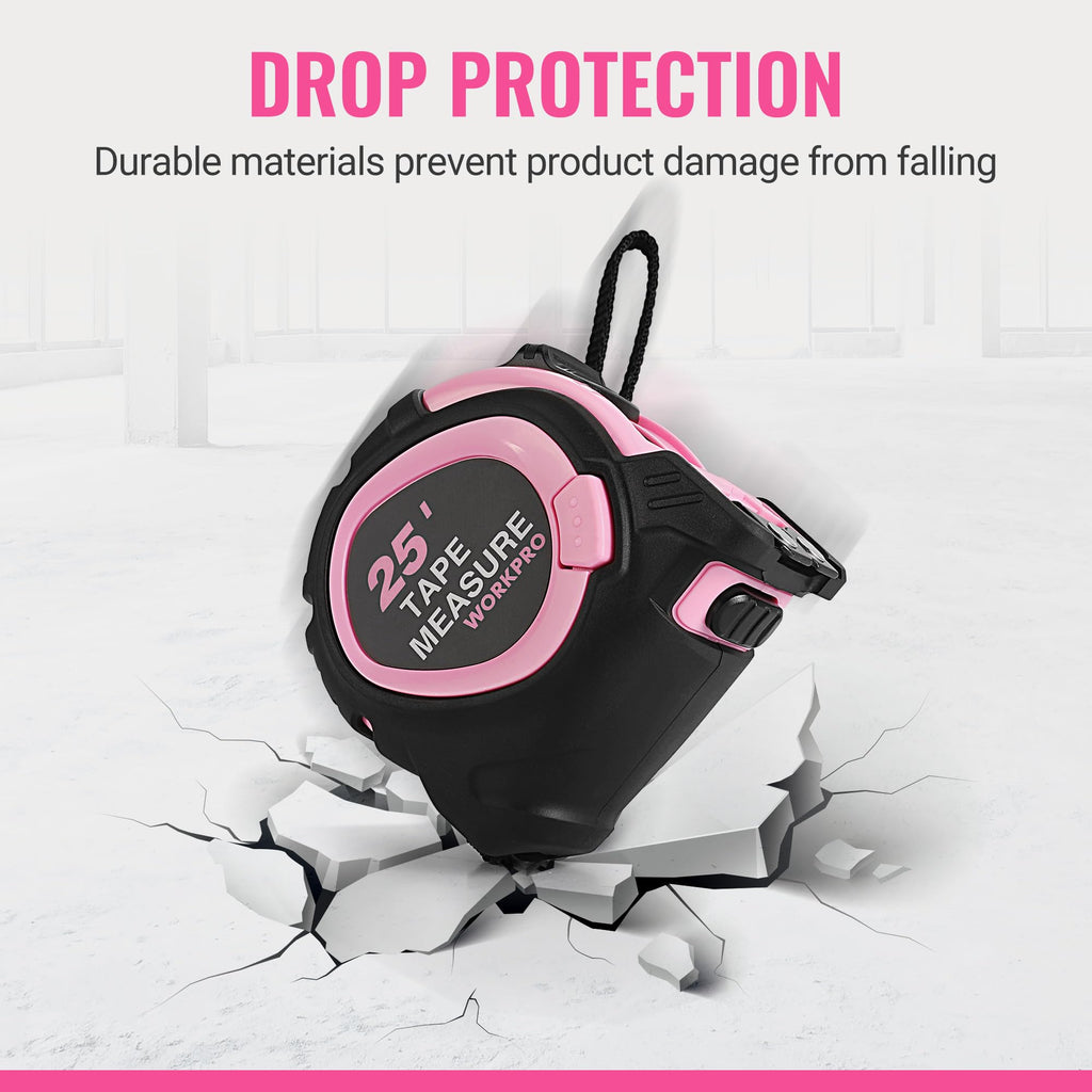 WORKPRO 25-FT Tape Measure with Fractions, 3 Brakes Retractable Measuring Tape, Compact Measurement Tape with Magnetic Hook, Nylon Coating Blade Accuracy 1/32”, Pink