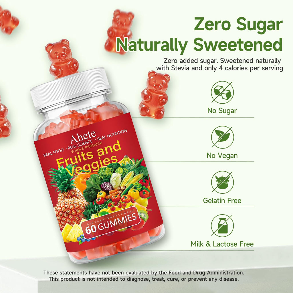 Ahete Fruit and Veggies Supplement, Vitamin A C E with 30+ Super Green Supplement for Women, Men and Kids, 60 Gummies, 30 Day Supply