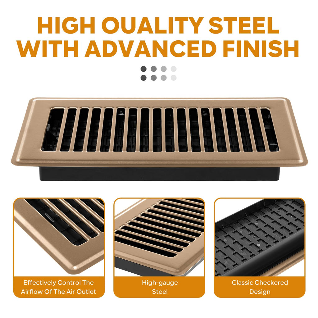 6x12 Floor Register, Floor Vent Covers for Home Floor Heavy Duty Steel Walkable Floor Vents Air Vent Covers for Sidewall and Floor, Floor Registers Brown 4 Pack