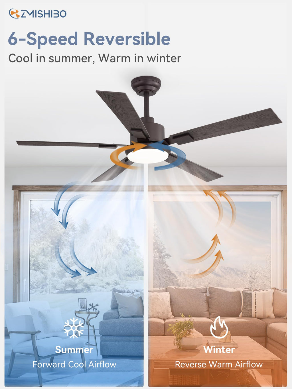 ZMISHIBO 52 inch Bronze Ceiling Fans with Lights and Remote, Indoor/Outdoor Farmhouse Ceiling Fan for Bedroom Living Room Patio, 6 Speed Reversible Quiet DC Motor, 3 CCT, Dual Finish Blades