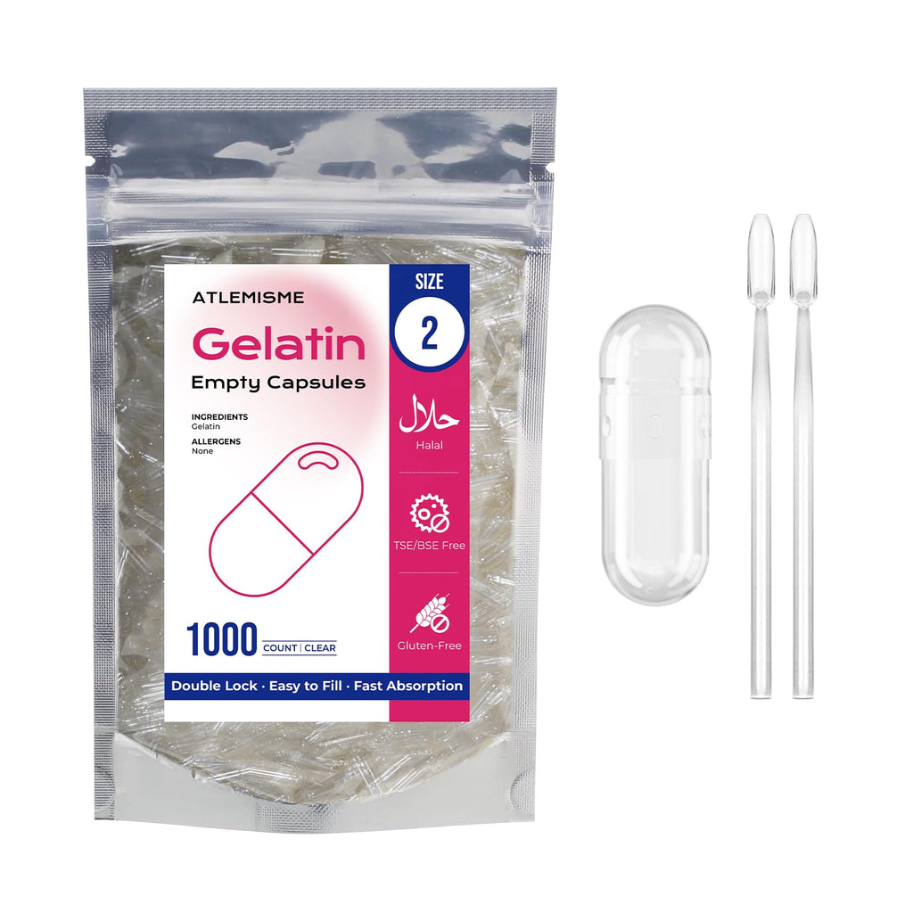 ATLEMISME Empty Gelatin Capsules Size 2 - Gelatin Capsules Empty (1000 Count) Empty Capsules DIY Gelatin Capsule Filling - Gel Capsules Empty Caps with 2 Micro Lab Spoons for Capsule Filling