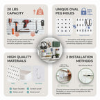 Keepo Peg Board Wall Organizer – Plastic Pegboard Panels, Modular Peg Board Storage System For Home Office, Craft Room, Gaming Setup (White, 22″×22″)