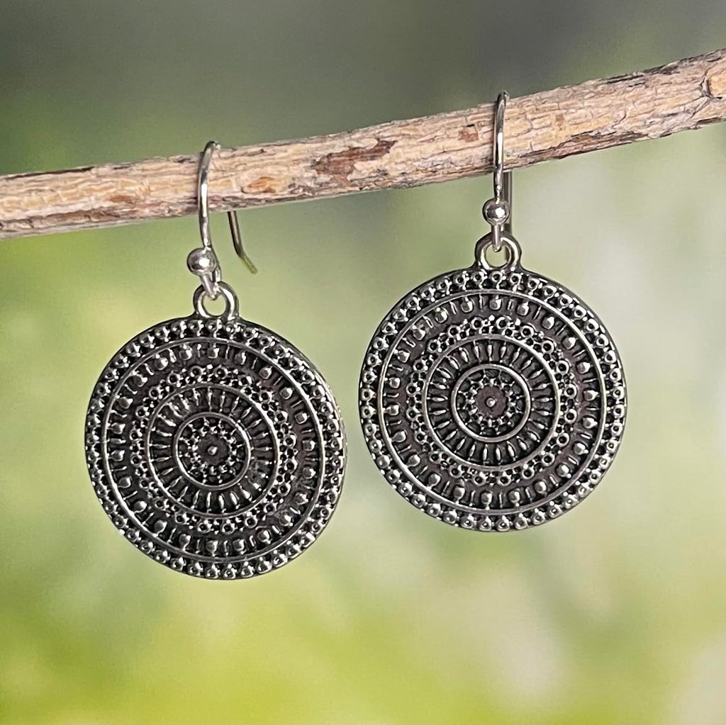Boho Silver Medallion Drop Earrings for Women – Lightweight Hammered Disc Dangle Earrings with Tribal Mandala Design – Fashion Jewelry Gift for Free Spirits (Silver with Hook)