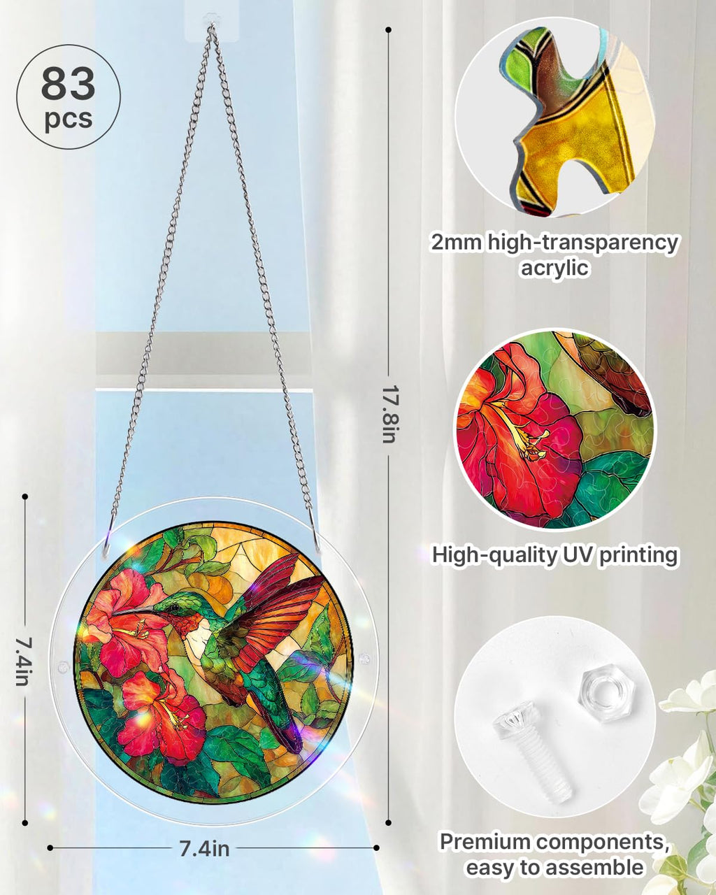 KaayeeWood Acrylic Suncatcher Puzzle, Emerald Flame Hummingbird-7.4 in