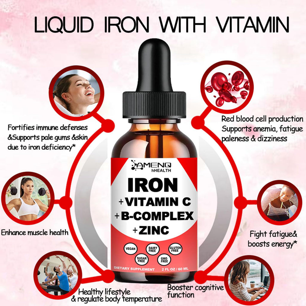 2 Pack Liquid Iron Supplement w/Vitamin C, A, B-Complex, Vegan Iron Drops High Potency Liquid Vitamin & Iron Supplements for Women, Men & Children -Support Red Blood Cell, Energy, Anemia & Fatigue