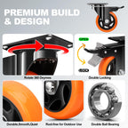 5 Inch Orange Heavy Duty Locking Caster Wheels Set of 4 – 2600LBS Total Capacity, PU Industrial Casters with Dual Brake for Workbench, Machinery & Warehouse Carts – Heavy Duty Industrial Use Only