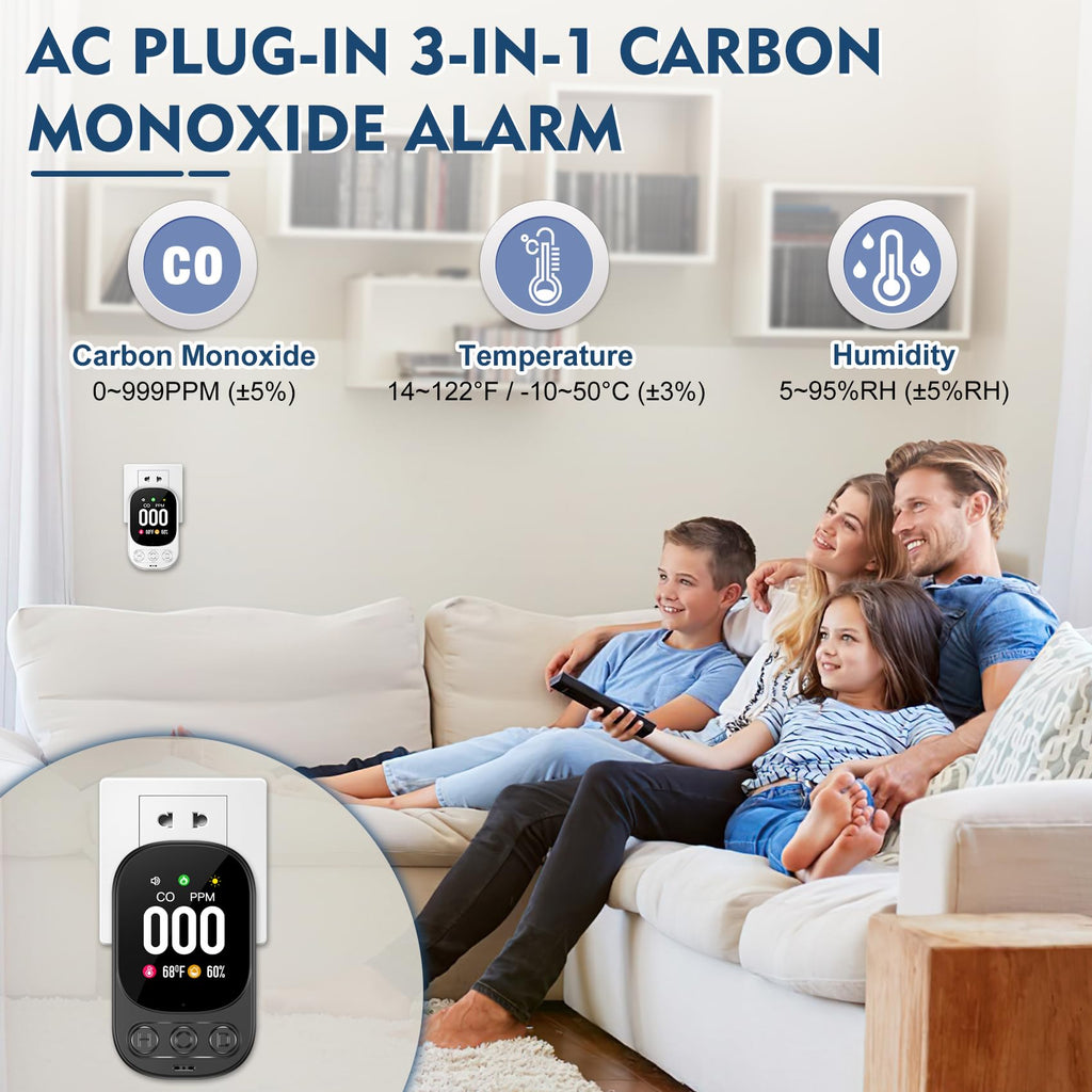 Lunarlipes Carbon Monoxide Detectors Plug in, 3-in-1 CO Detector with Temp/Hum Sensor, Portable Travel Carbon Monoxide Alarm with 85dB Alarm, Real-Time CO Monitor Easy to Read & Install (Black-2 Pack)