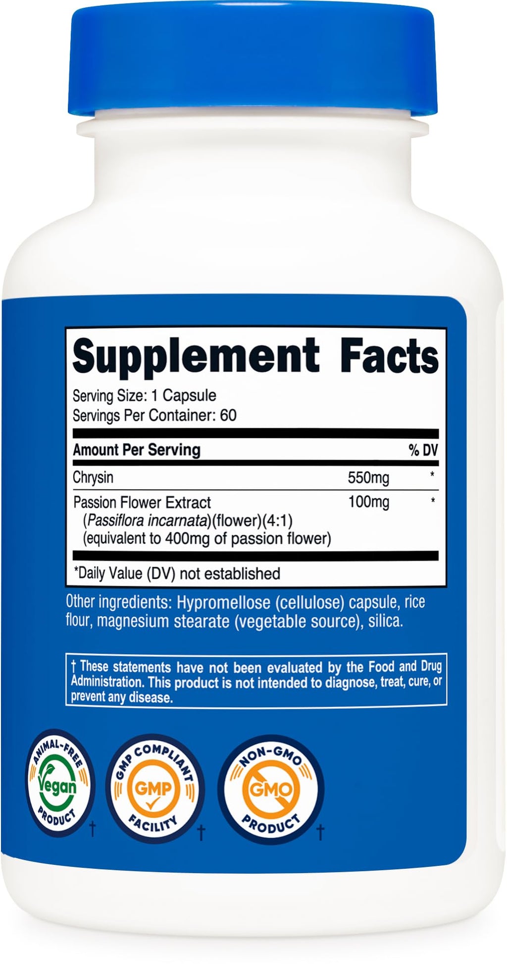 Nutricost Chrysin Supplement (550mg) 60 Capsules - with Passion Flower Extract, Vegan, GMO-Free, Gluten-Free