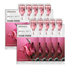 Mediheal Rose PDRN Essential Sheet Mask 10 pcs. 99% Pure White Rose PDRN & Hyaluronic Acid for hydrating, firming, and enhancing moisture barrier, skin firmness, and glow. Vegan formula
