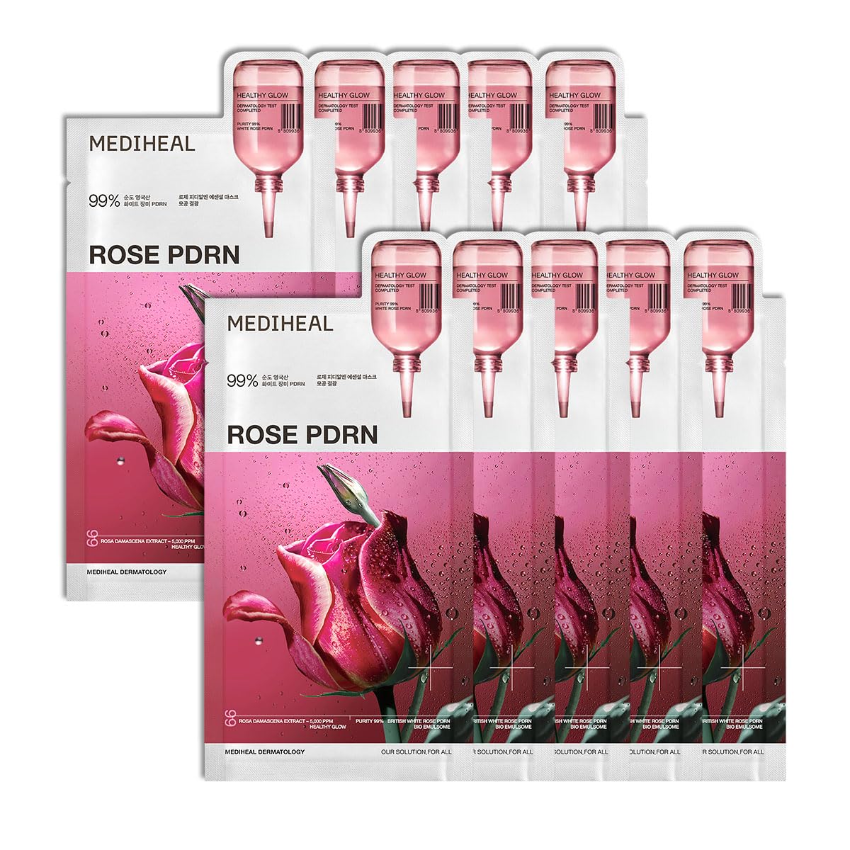 Mediheal Rose PDRN Essential Sheet Mask 10 pcs. 99% Pure White Rose PDRN & Hyaluronic Acid for hydrating, firming, and enhancing moisture barrier, skin firmness, and glow. Vegan formula