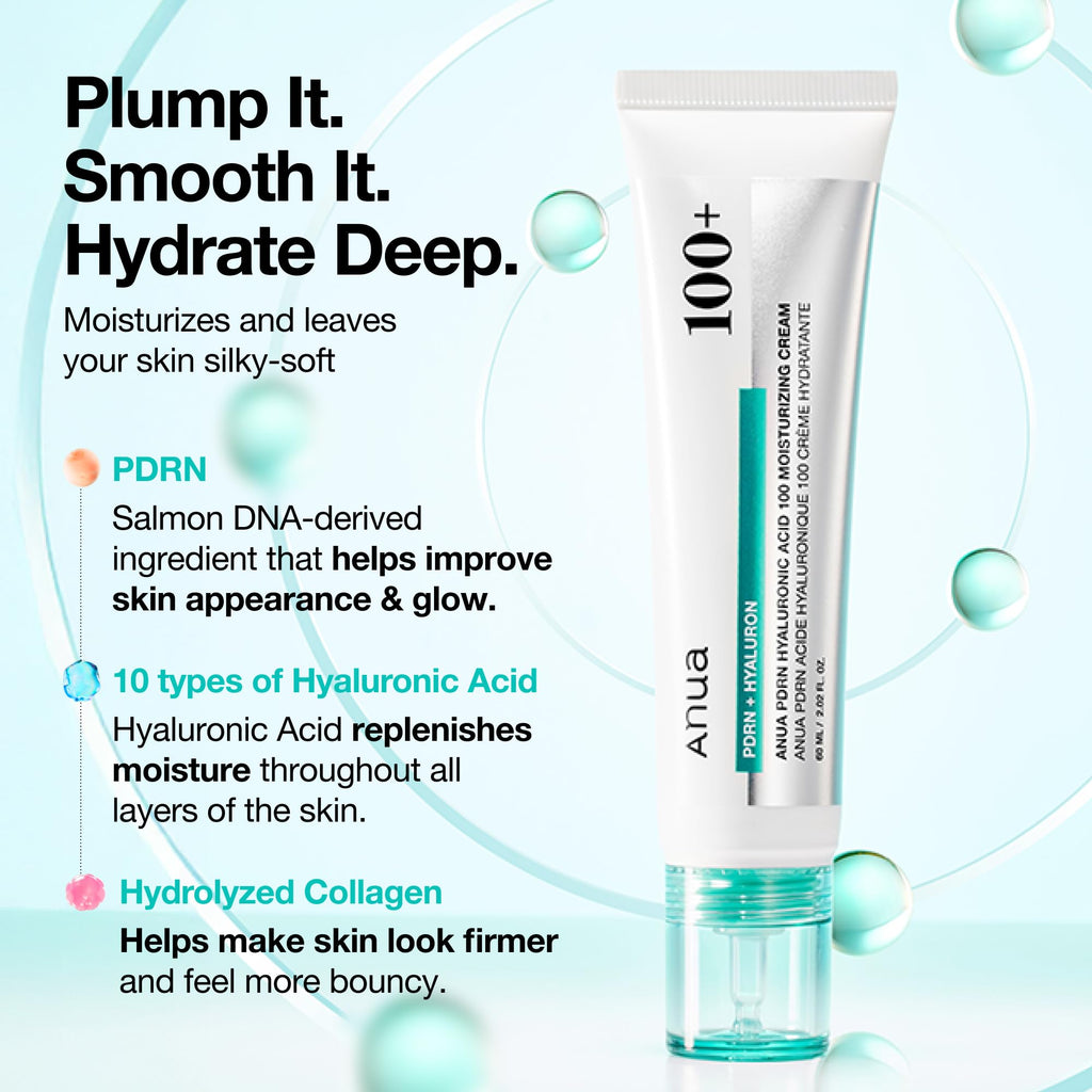 ANUA PDRN Hyaluronic Acid 100 Moisturizing Cream, Lightweight, Non-Greasy Hydrating Face Moisturizer with Salmon DNA for Glass Skin, Korean Skincare (2.02 fl oz)