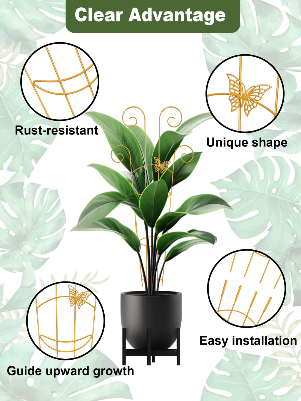 Butterfly Metal Monstera Trellis, Gold Garden Treleaf Expandable Trellis