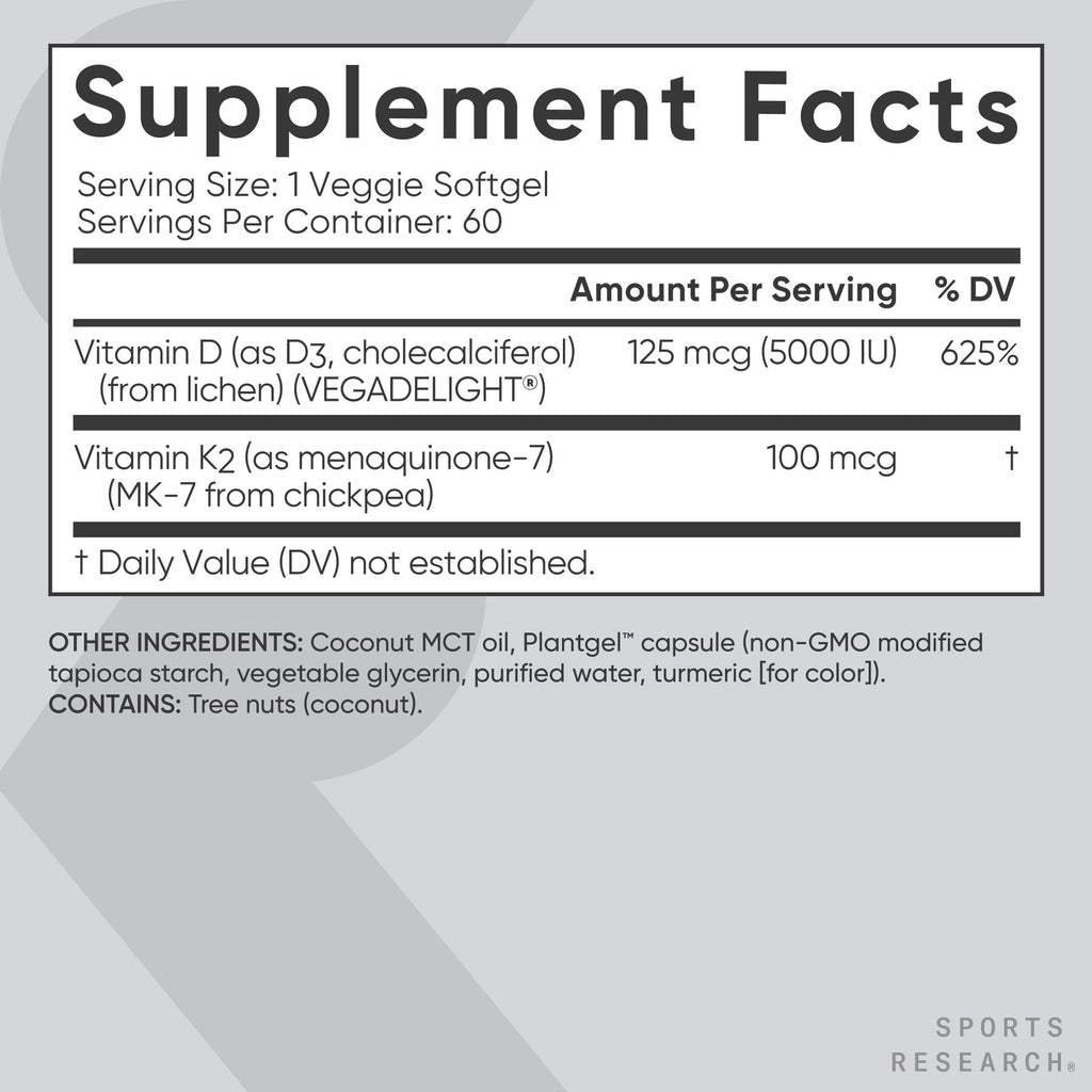 Sports Research® Vitamin D3 + K2 w/ Coconut Oil - Vegan Vitamin D 5000iu & Mk7 Vitamin K 100mcg for Bone & Immune Support - Vegan Certified · Non-GMO · Soy Free - 60 Softgels