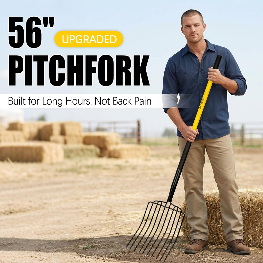 Nohovu Heavy Duty 10 Tine Pitchfork with Fiberglass Handle, 56 Inch Garden Fork for Hay, Compost, Mulch & Yard Work